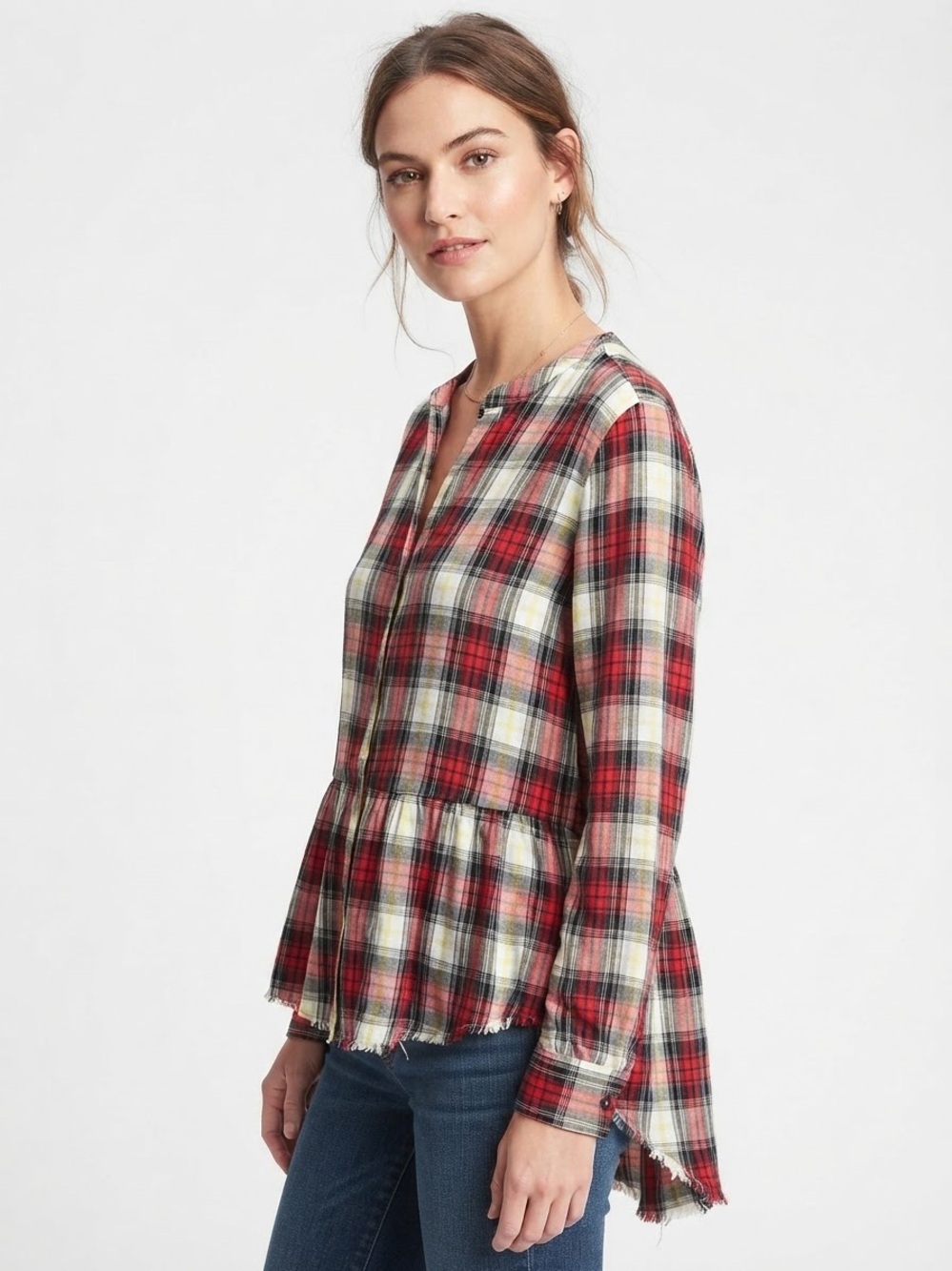 Splendid Plaid Button-Down Peplum Top